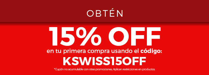 Obtén 15% OFF en tu primera compra usando el código KSWISS15OFF *APLICA RESTRICCIONES.